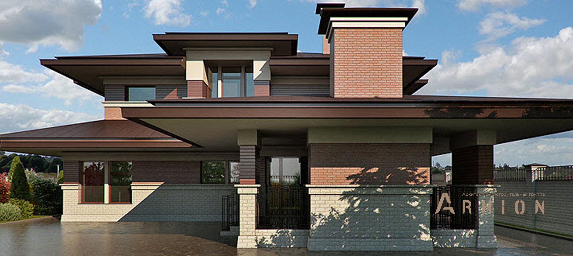 5. Проект двухэтажного дома в стиле Ллойда Райта (прерий) с многоскатной кровлей, SOV-10, площадью - 635 кв c терассой, гаражом, вторым светом